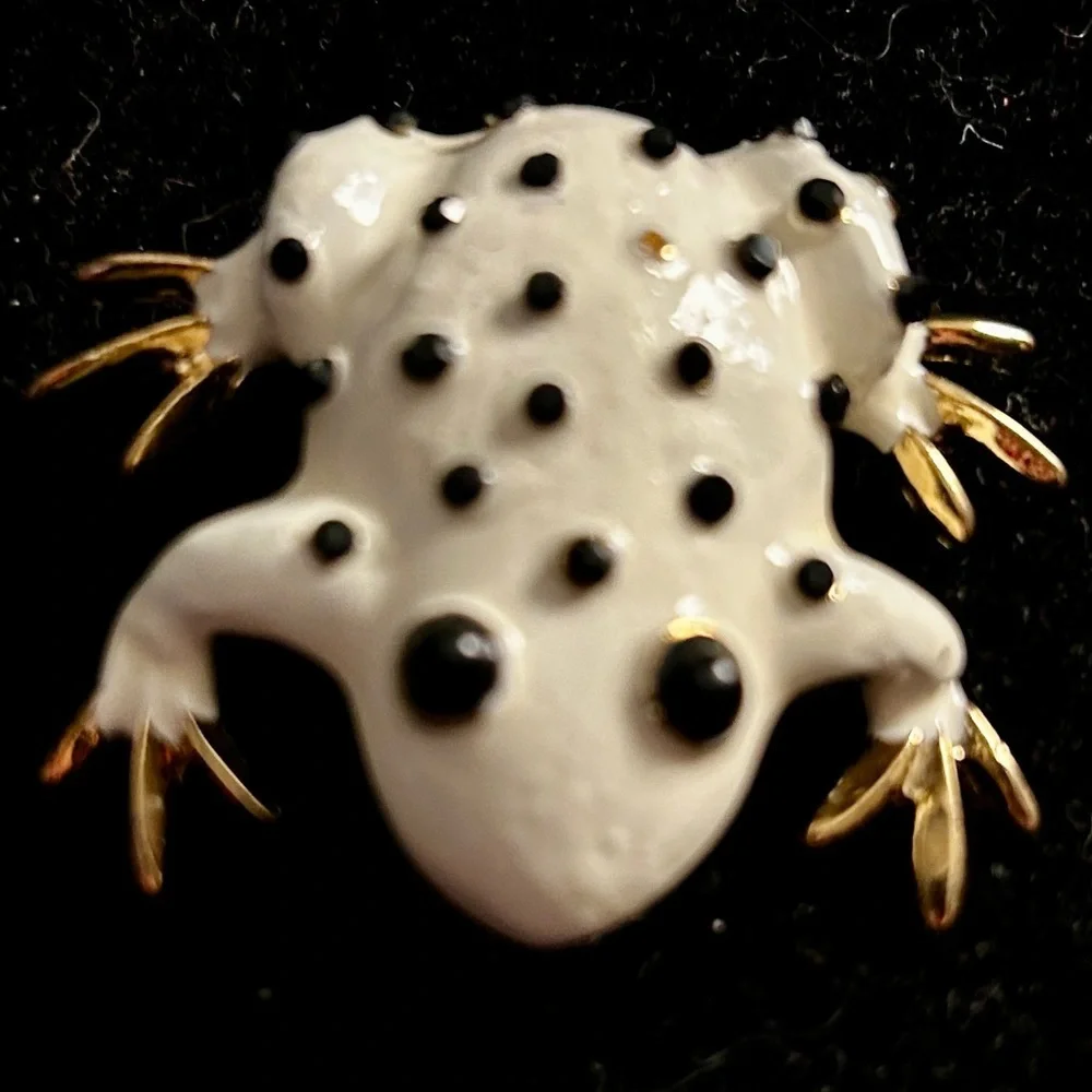 🐸Ribbit!! Ribbit!!Vintage Frog Broach with white enamel and gold tone accents .